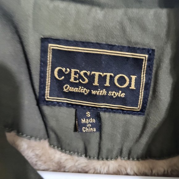 C'ESTTOI Vest Women S Green Fuzzy Lining Cinch Drawstring Waist Zip Snaps Milita - Picture 3 of 11